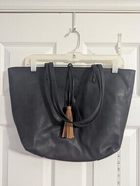 Black/Brown Reversible Tote Bag with Tassel Accent